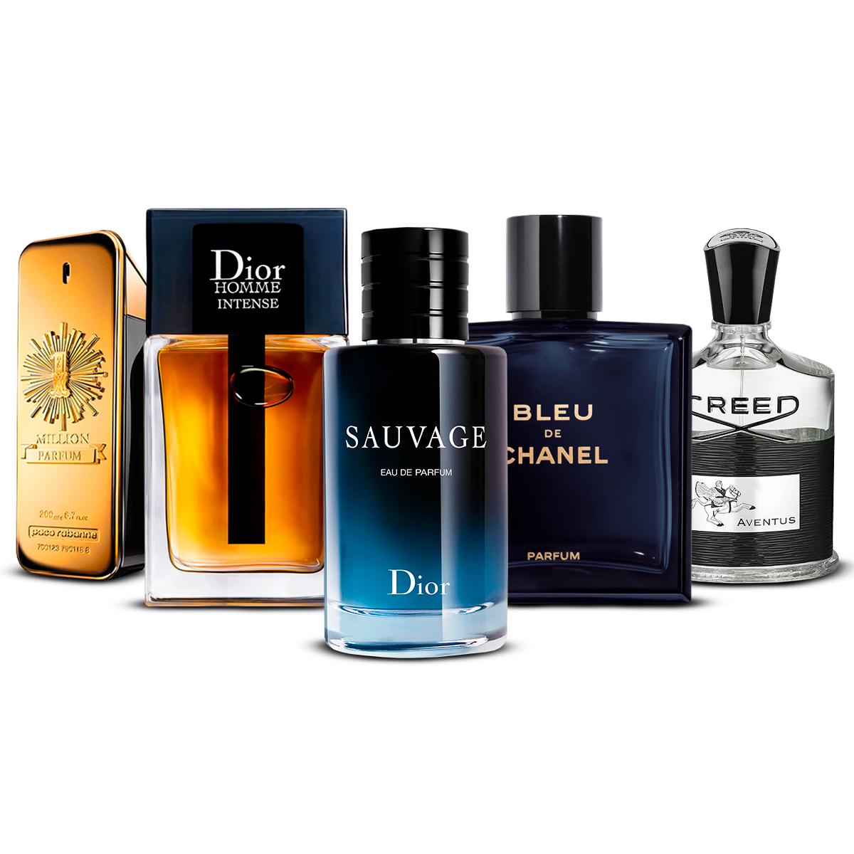 Set de 5 Perfumes – 1 Million, Dior Homme Intense, Sauvage, Bleu de Chanel i Creed Aventus [100 ml cada uno]