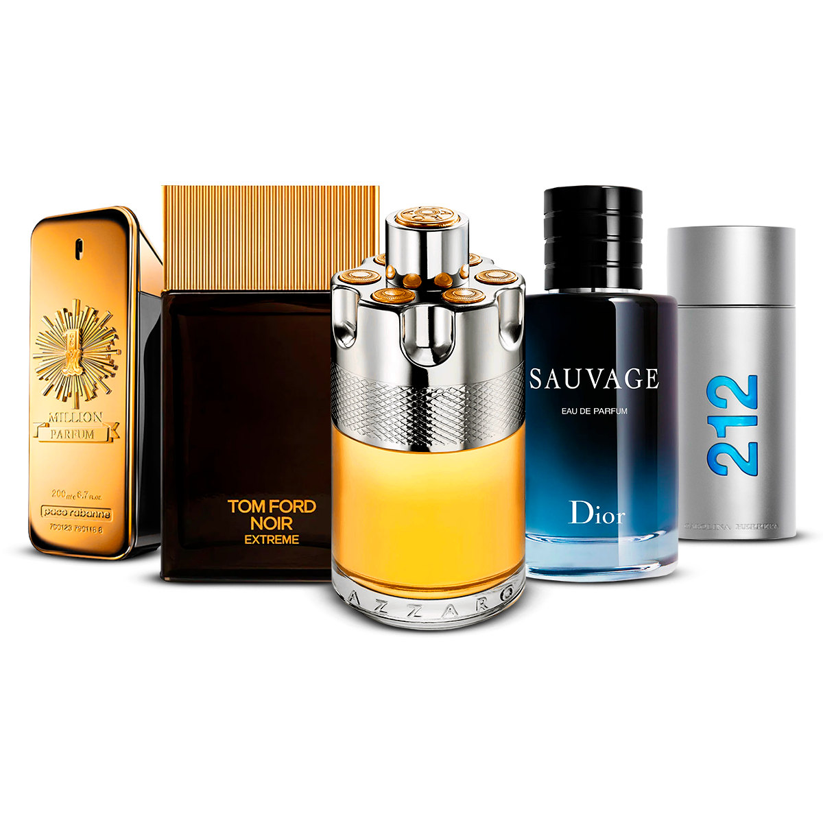 Set de 5 Perfumes – 1 Million, Tom Ford Noir Extrême, Azzaro Wanted, Sauvage i 212 Men [100 ml cada uno]